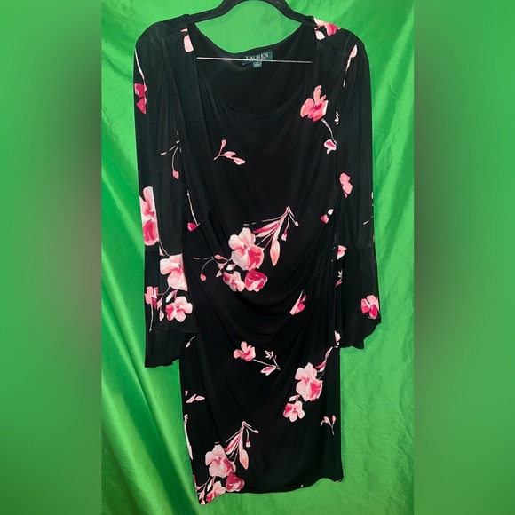 Lauren By Ralph Lauren Black Dress with Pink Floral Design and Ruffle Arms sz 12 - Picture 4 of 8